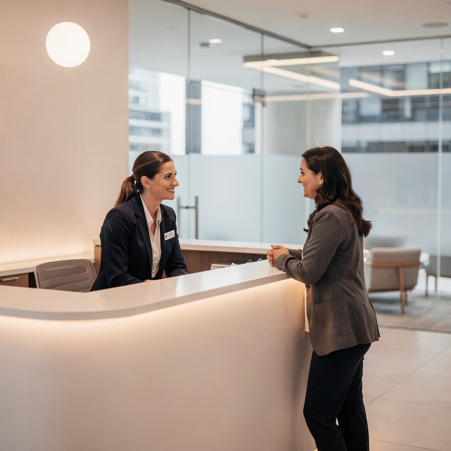 flux pro 2.0 customer service specialist assisting a client face to face in a modern receptio 0