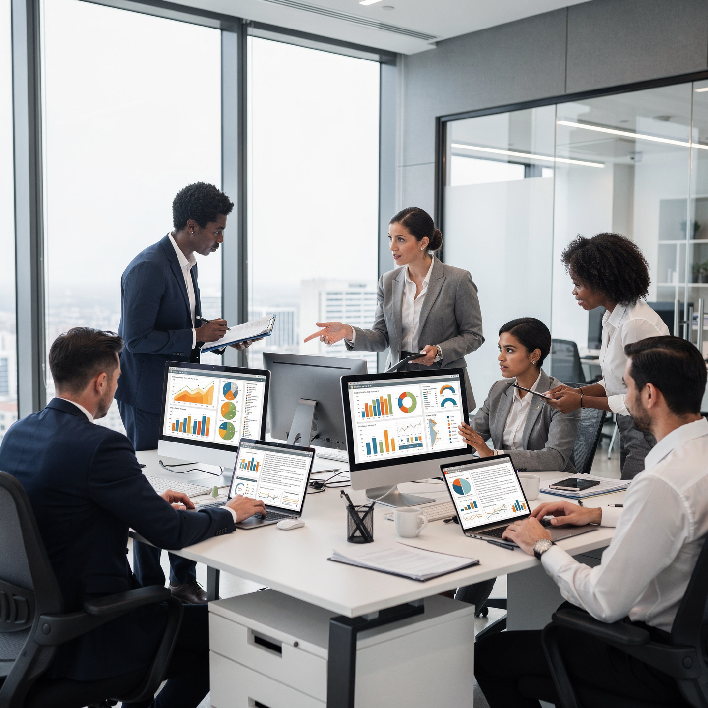 flux pro 2.0 equipo administrativo profesional trabajando en una oficina moderna con personas 0