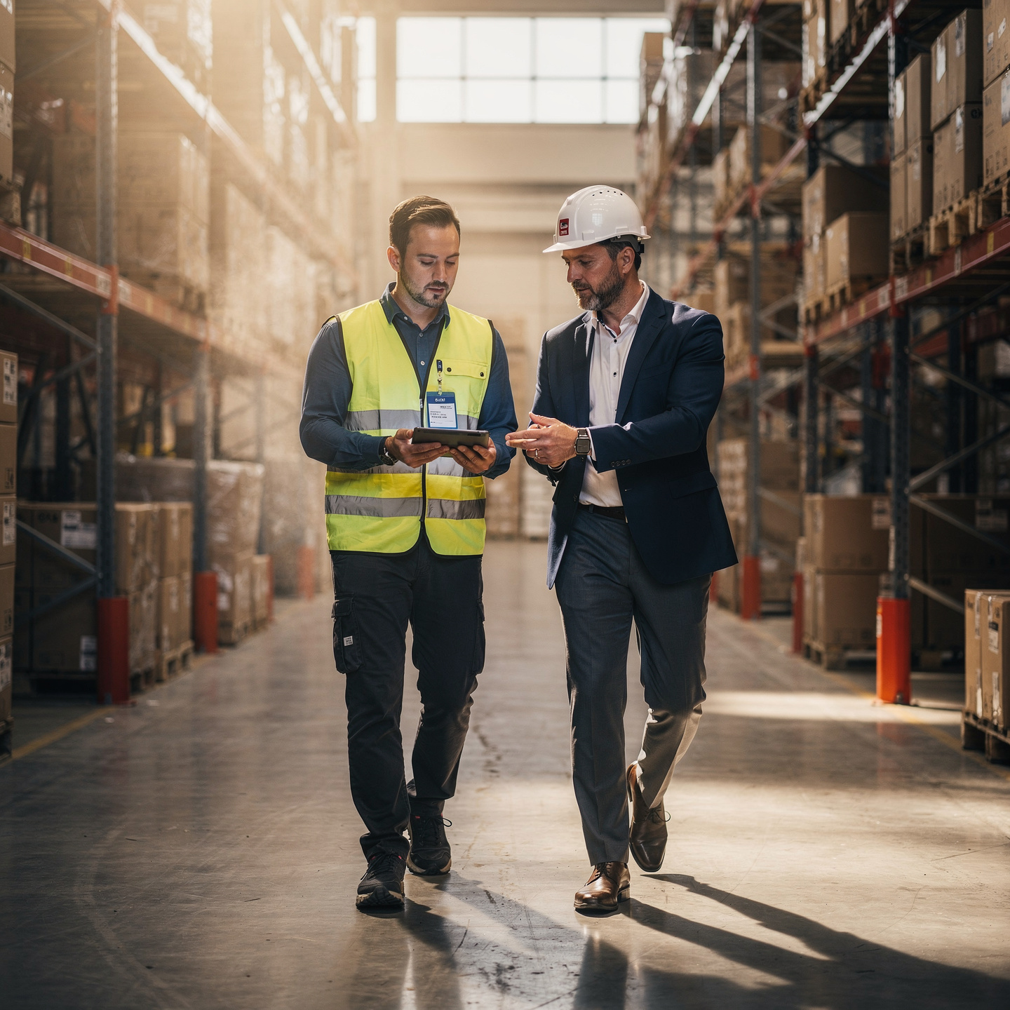 flux pro 2.0 european people winning commercial photography of a modern logistics warehouse. 0