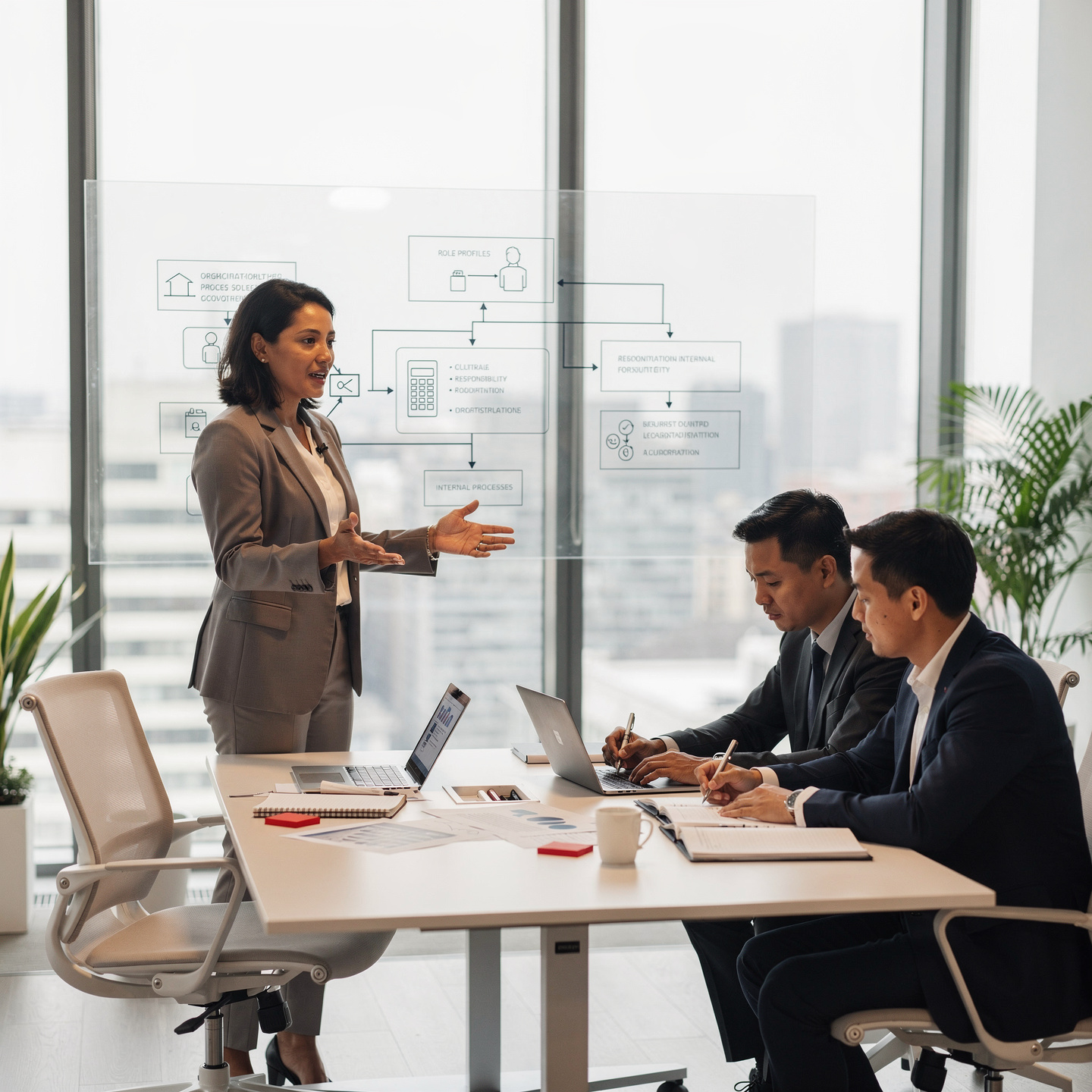 flux pro 2.0 fotografía corporativa premium y realista de tres consultores trabajando en el 0