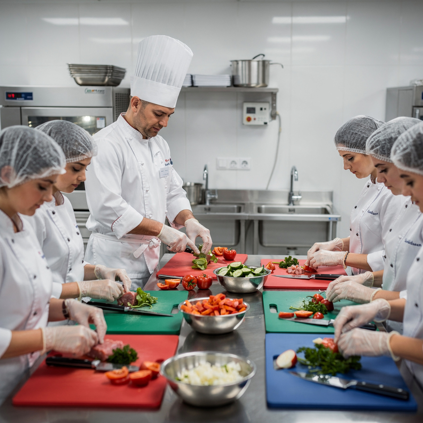 flux pro 2.0 hyper realistic food safety training inside a professional commercial kitchen. a 0 2