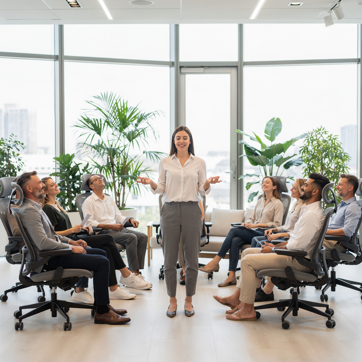 flux pro 2.0 hyper realistic wellness workshop inside a modern office. a facilitator leads br 0