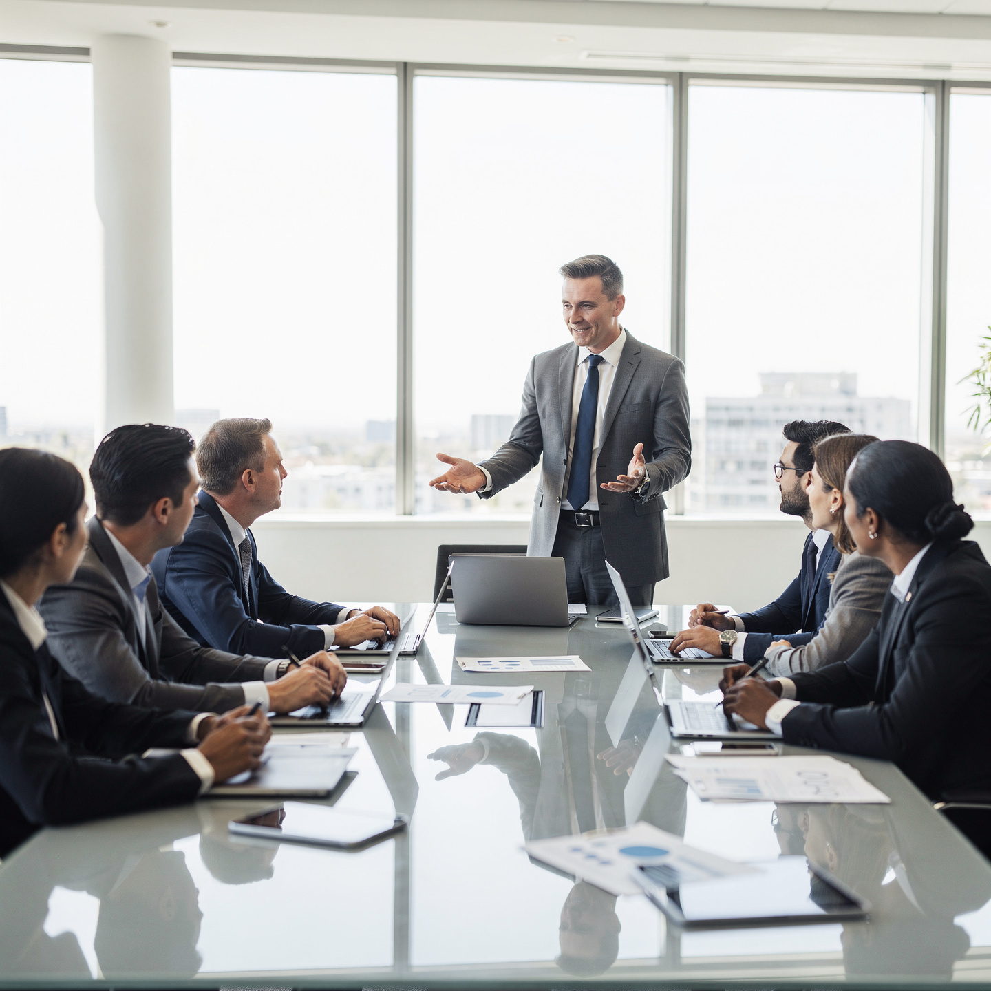 flux pro 2.0 modern business team collaborating around a conference table team leader facilit 0