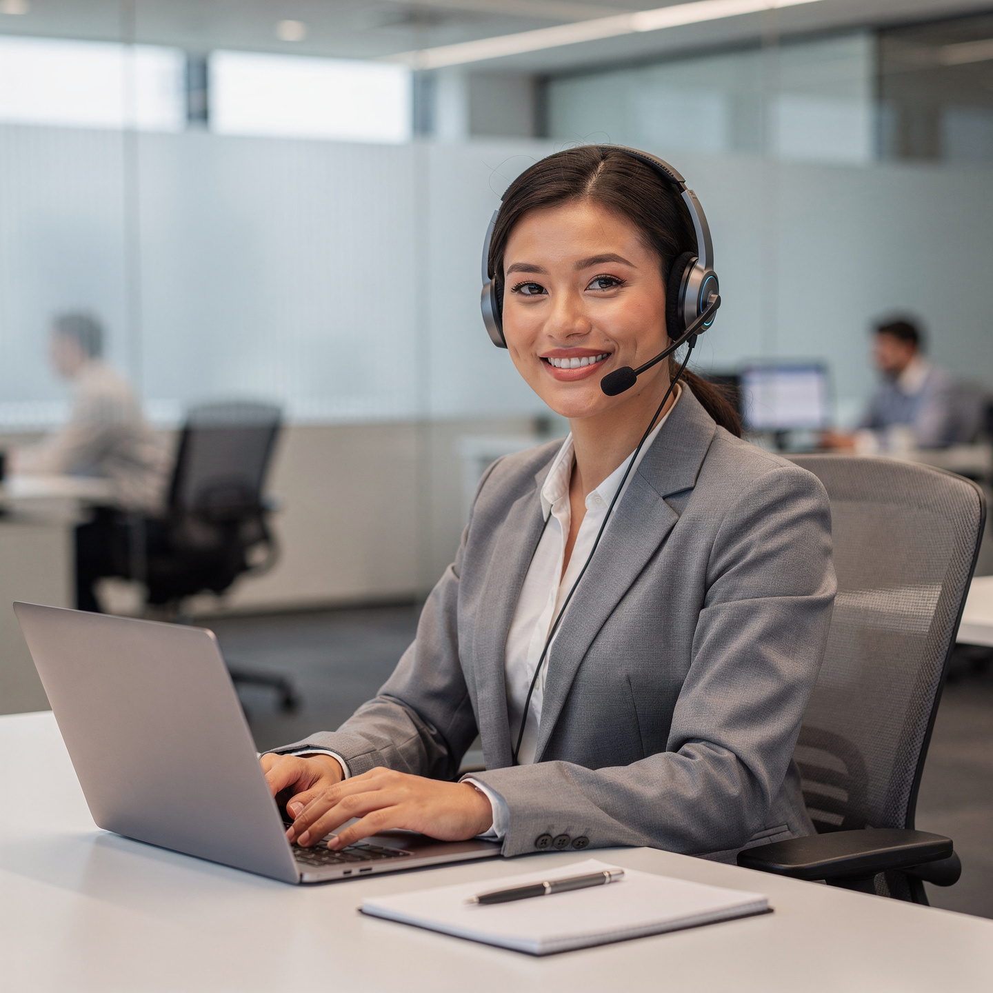 flux pro 2.0 professional customer service representative assisting a client with headset and 0