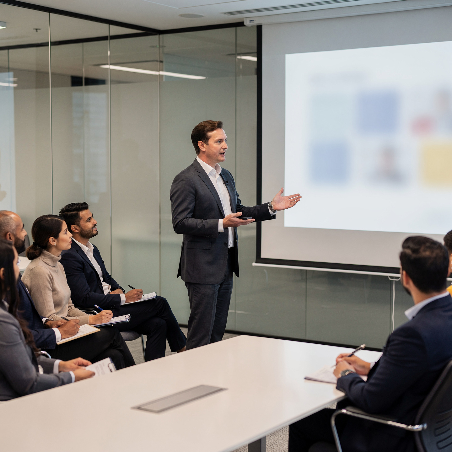 flux pro 2.0 professional presenter speaking confidently in front of business audience using 0