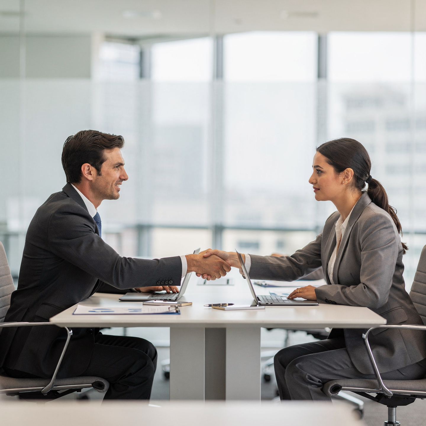 flux pro 2.0 two business professionals negotiating respectfully across a meeting table hands 0
