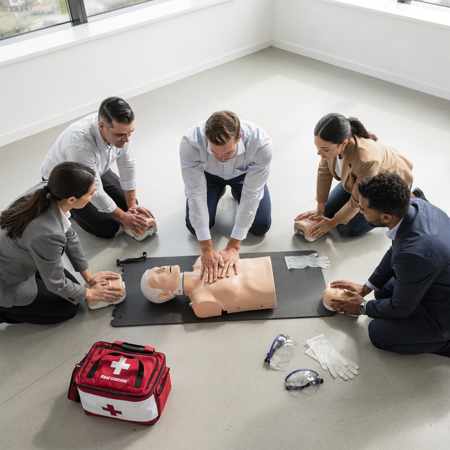 flux pro 2.0 ultra realistic corporate first aid training. overhead view of an instructor tea 0